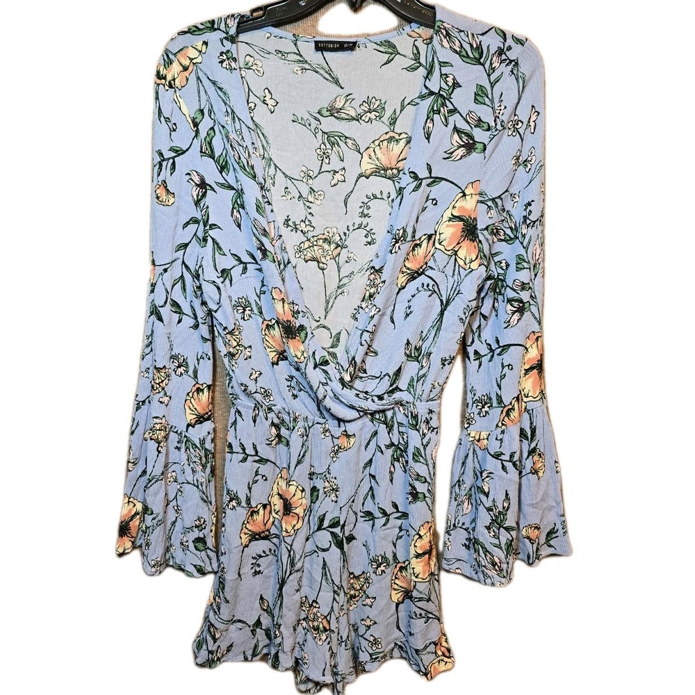 Cotton:On Floral Bell Sleeve Romper Blue Yellow Boho Festival Women's Sz‎ M